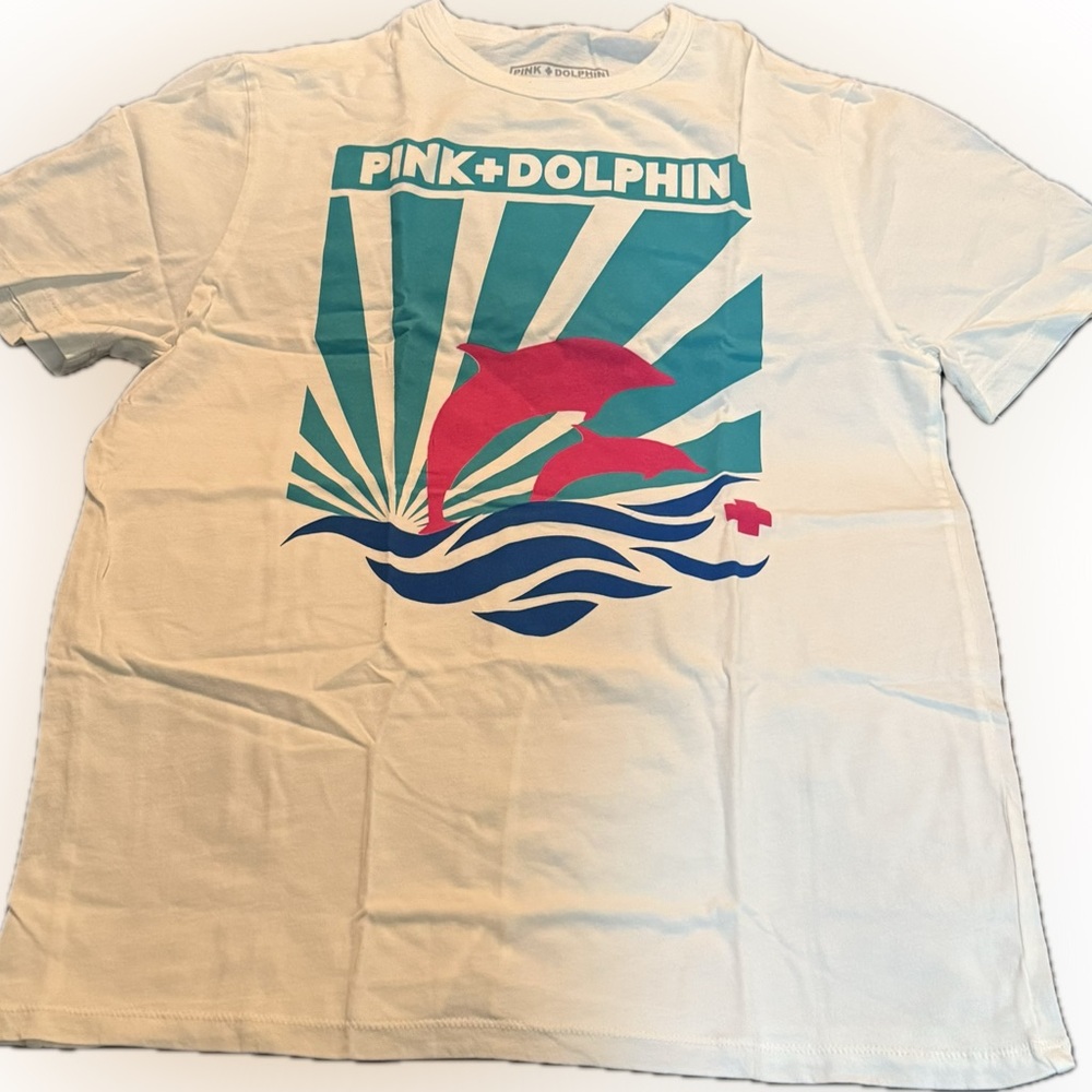 Brand New Pink Dolphin White Tee with Red and Blue Graphic